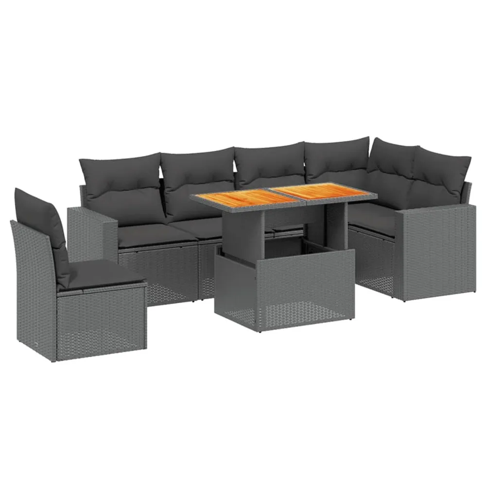 Salon de jardin 7 pcs avec coussins noir résine tressée