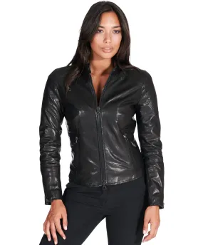 Veste en cuir femme motard cuir lavé vintage noir F110