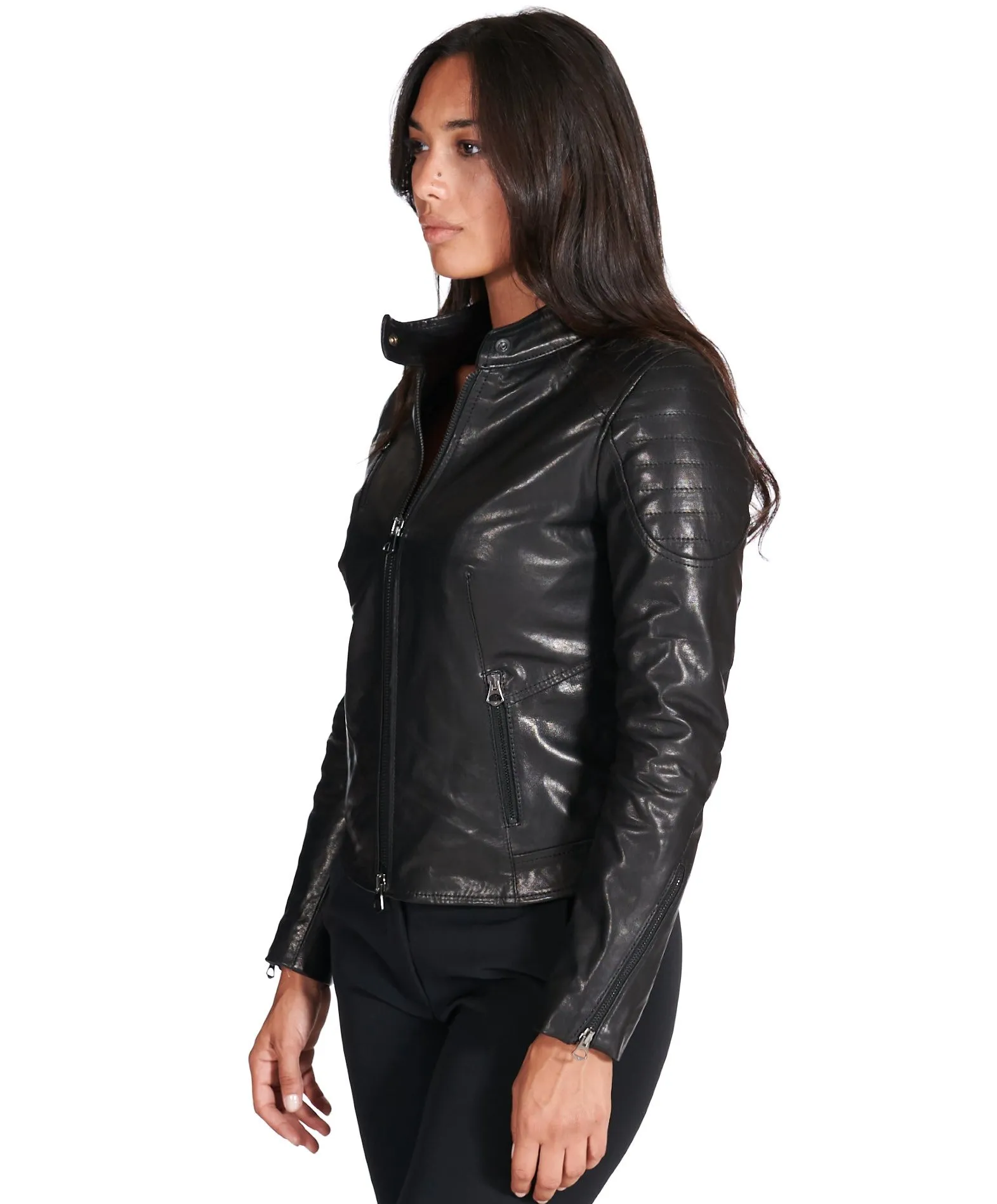 Veste en cuir femme motard cuir lavé vintage noir F110