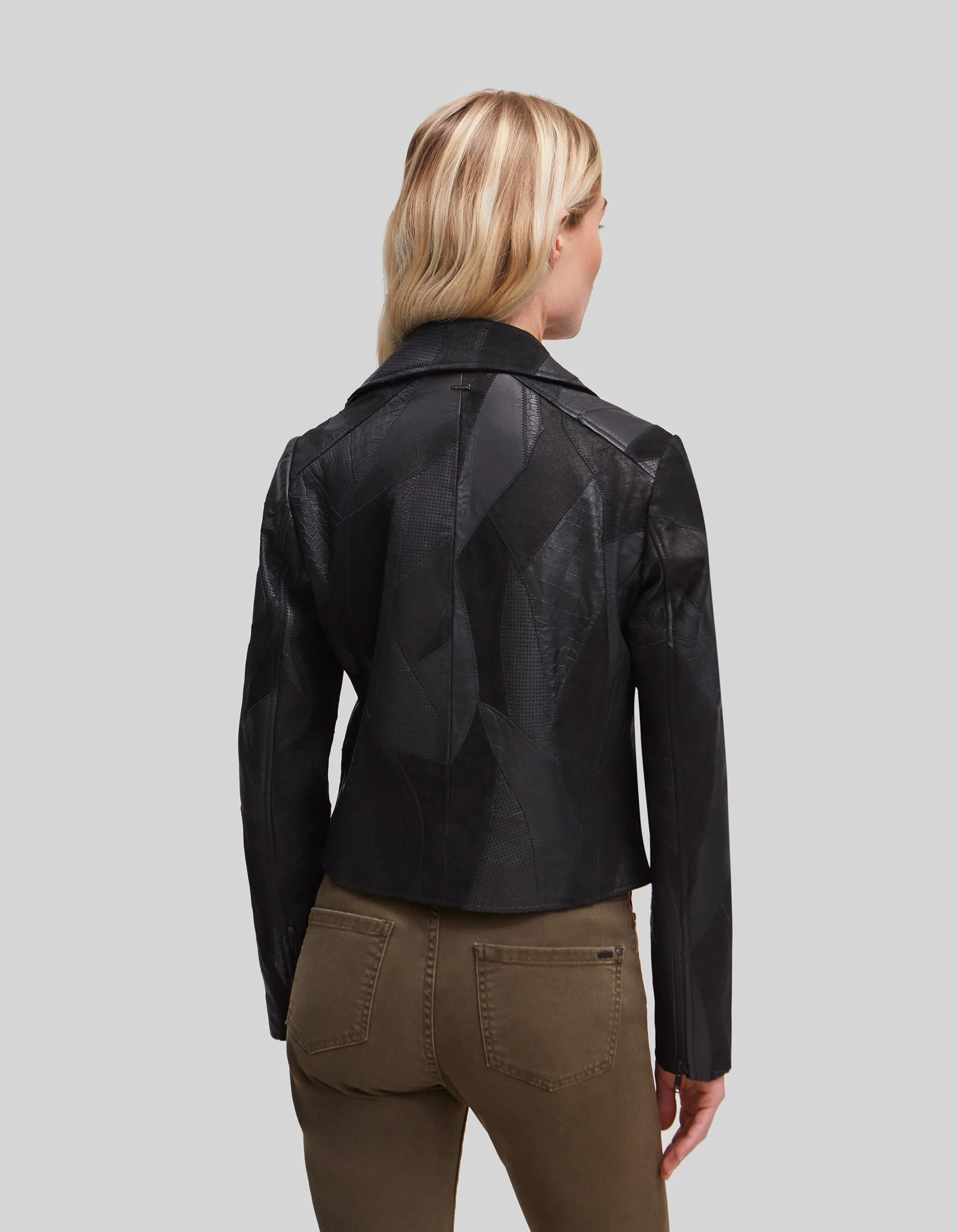 Veste en cuir noire esprit motard effet patchwork Femme